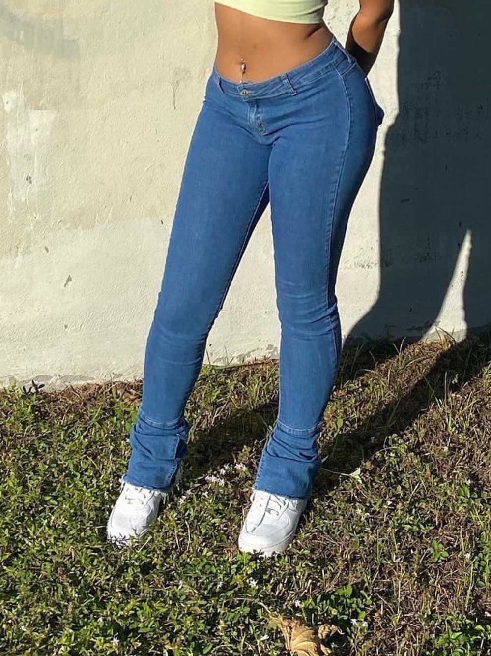 Low Rise Blue Denim Stacked Skinny Jeans